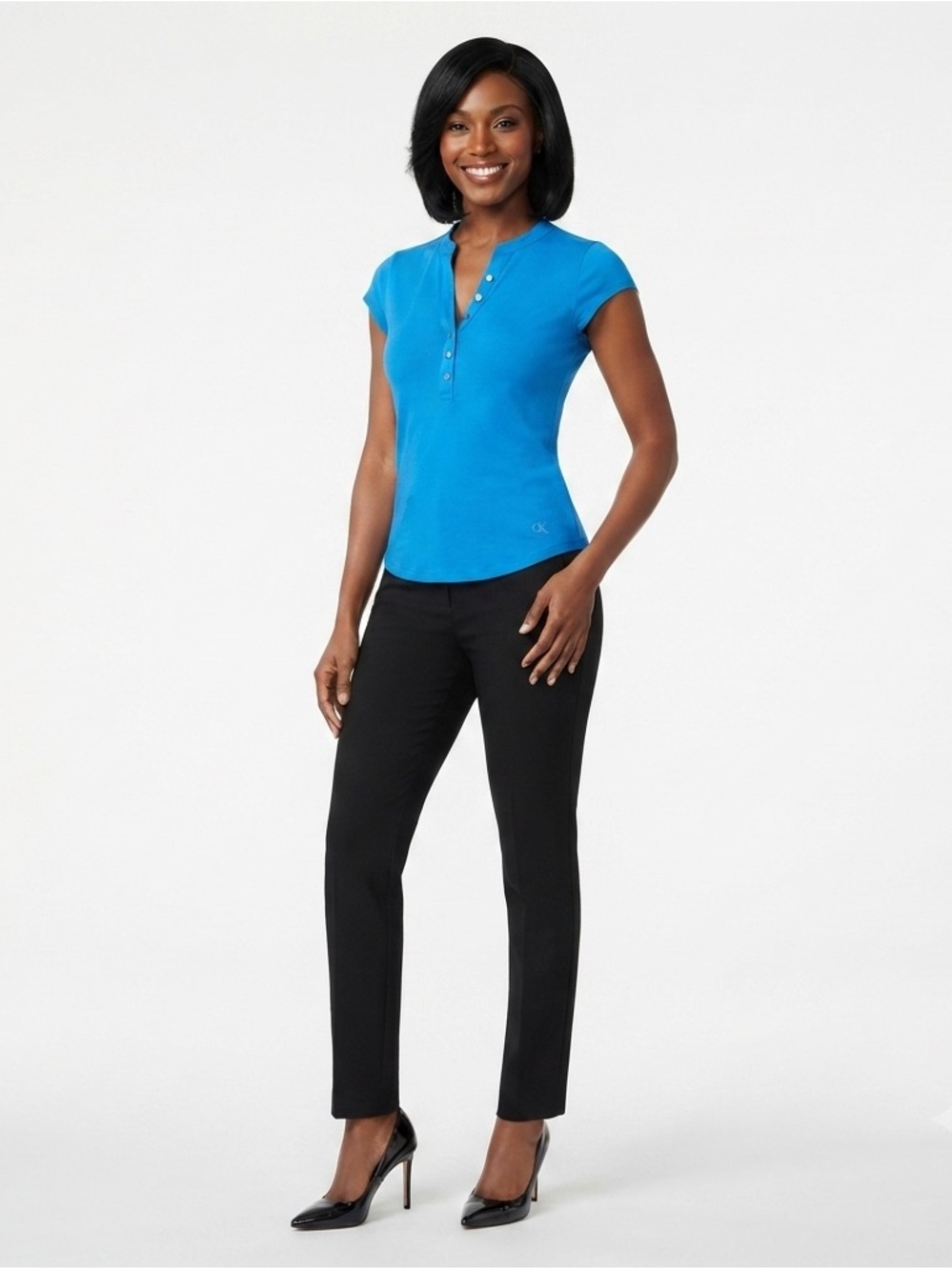 Calvin Klein Blue Henley Cap Sleeve Button Detail Top Size S